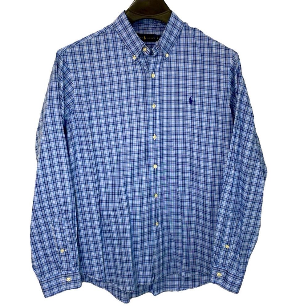 Ralph Lauren men’s Size XL blue & black & white plaid cotton long sleeve shirt.